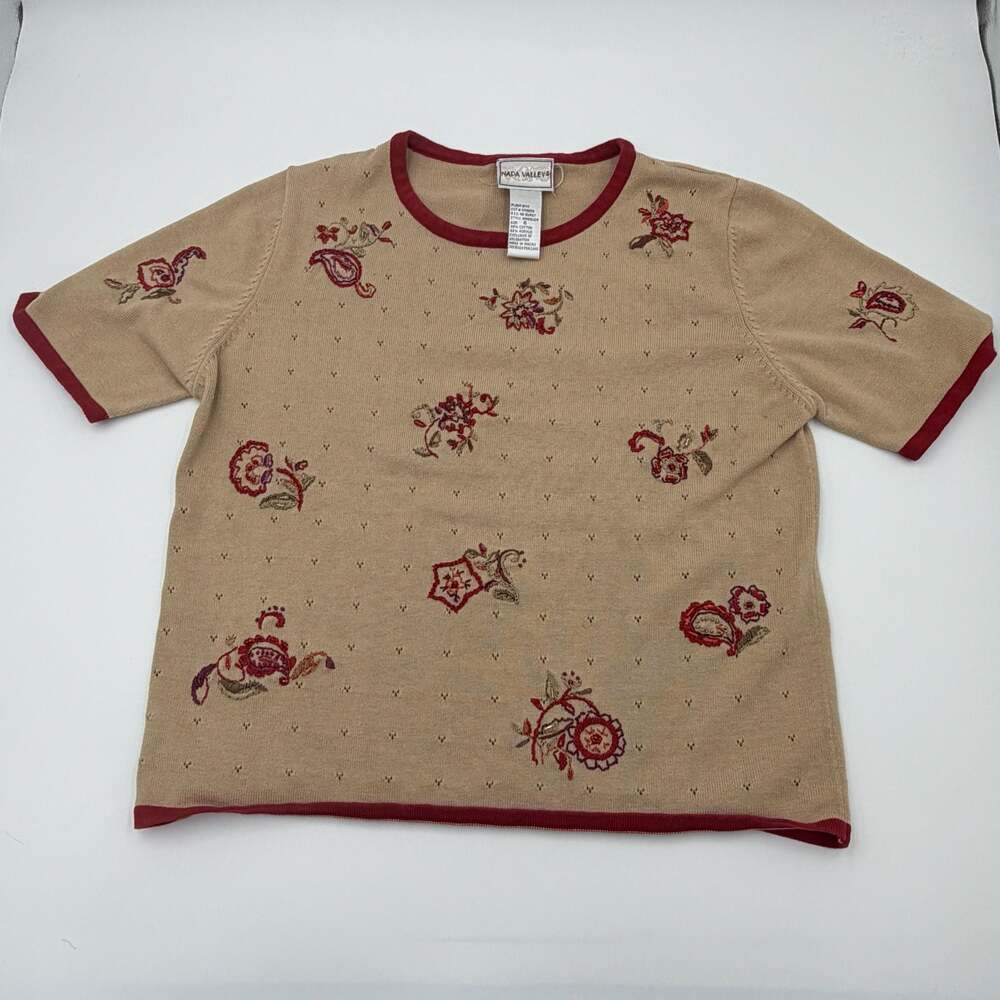 Napa Valley Tan Red Floral Embroidered Short Sleeve Knit Sweater Top Small